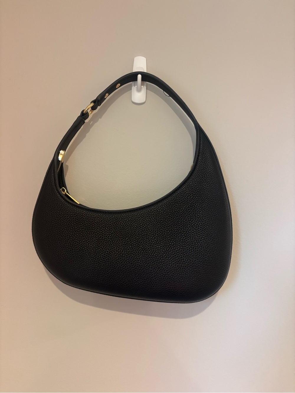 Black Pebbled Crescent Shoulder Bag — Gold Hardware, Zip Closure